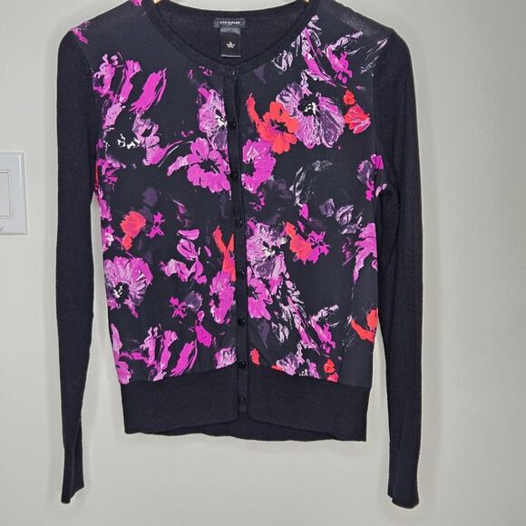 Ann Taylor Sweaters - ANN TAYLOR Womens Black and Pink Floral Button Front Long Sleeve Sweater Size S